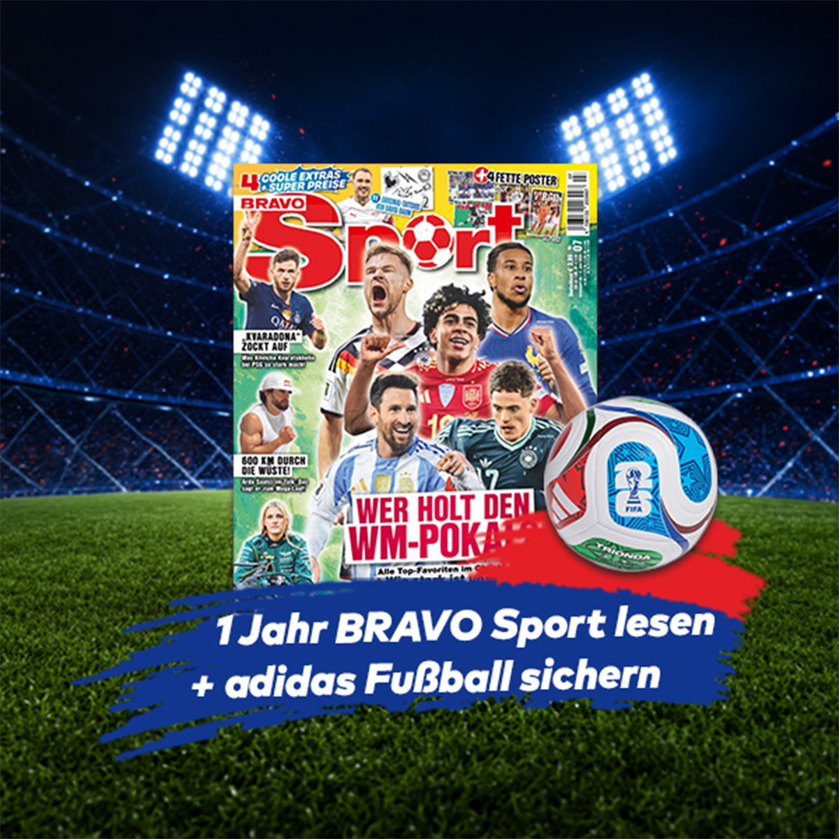 Fussballstadion mit Flutlicht im Hintergrund. Im Vordergrund ist die Zeitschrift Bravo Sport abgebildet