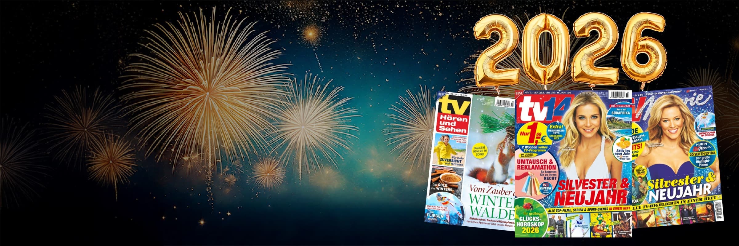 Silvesterfeuerwerk im Hintergrund. Im Vordergrund sind TV Zeitschriften zu sehen.