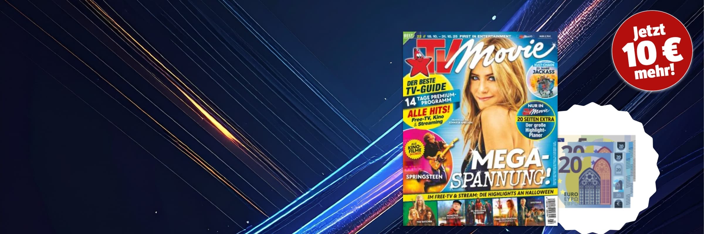Welttall im Hintergrund. Lichtblitze im Hintergrund.  Im Vordergrund ist die Zeitschrift TV Movie abgebildet Welttall im Hintergrund. Lichtblitze im Hintergrund.  Im Vordergrund ist die Zeitschrift TV Movie abgebildet