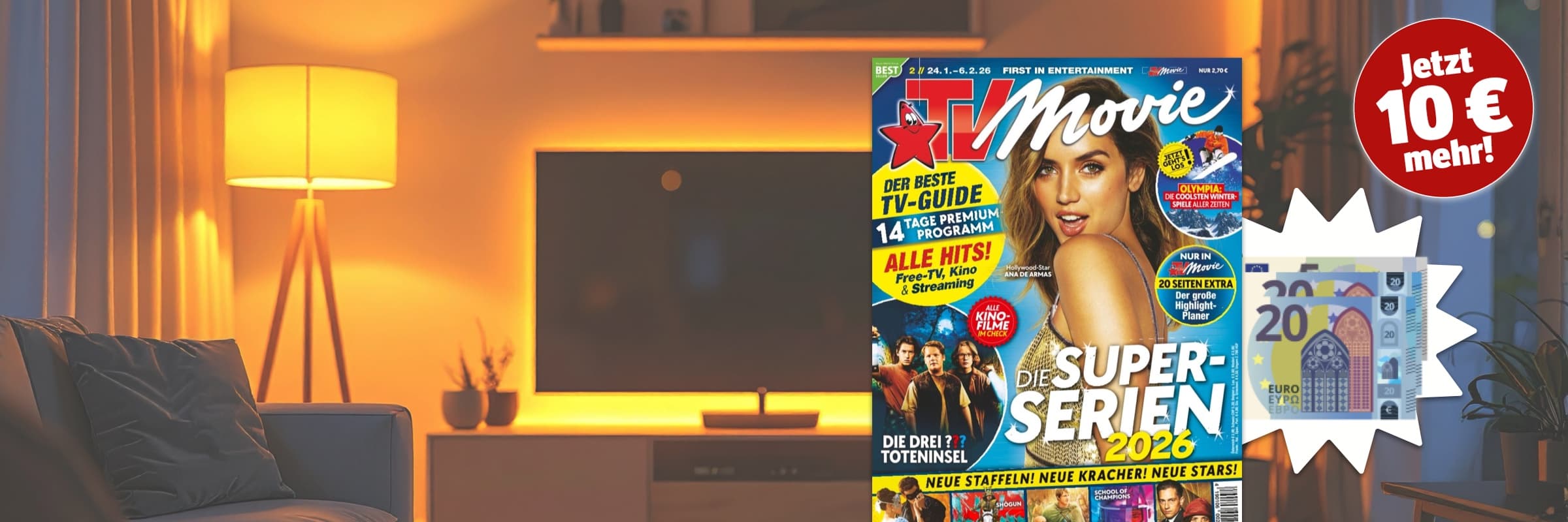 Wohnzimmer im Hintergrund.  Im Vordergrund ist die Zeitschrift Wohnidee TV Movie abgebildet