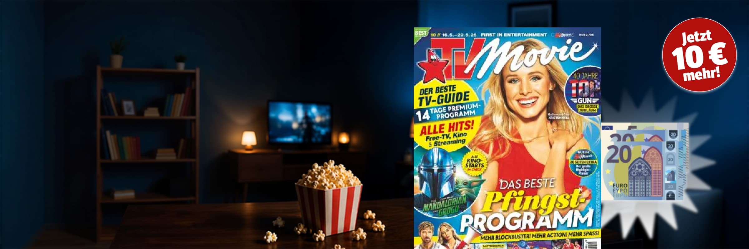 Wohnzimmer im Hintergrund. Im Vordergrund ist die Zeitschrift Wohnidee TV Movie abgebildet