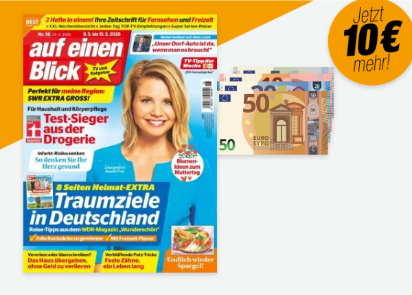 Auf einen Blick mit 85 Euro auf weissem und orangefarbenem Hintergrund. Stoerer 10 Euro mehr.