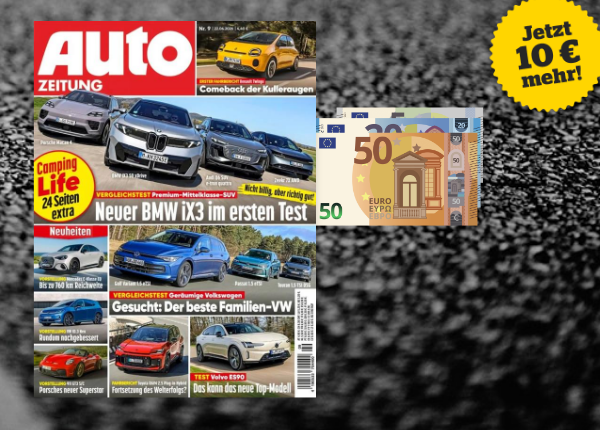 Auto Zeitung mit 75 Euro Bargled auf dunklem Hintergrund. Stoerer 10 Euro mehr