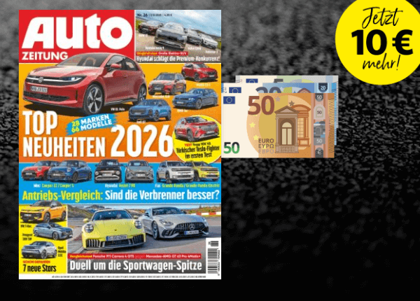 Auto Zeitung Classic Cars Titel mit 45 Euro Bargeld auf grauen Hintergrund. Stoerer jetzt 10 Euro mehr.