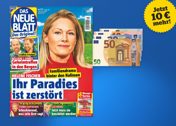 Das Neue Blatt mit 85 Euro Bargled auf blauem Hintergrund. Stoerer 10 Euro mehr