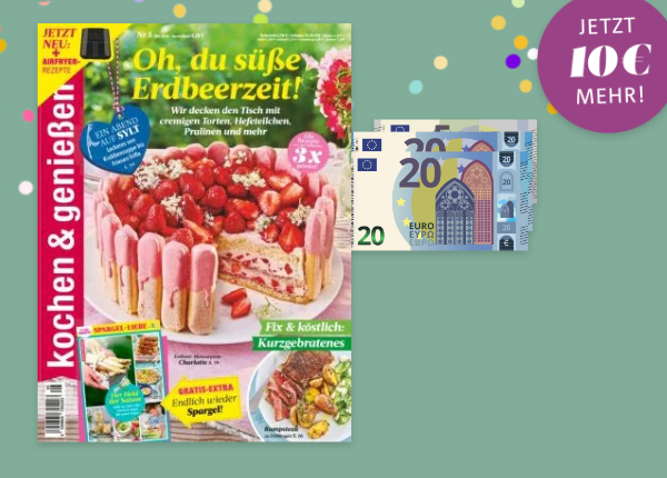 Kochen und Geniessen mit 45 Euro Bargeld auf gruenem Hintergrund mit Konfetti. Stoerer 10 Euro mehr.