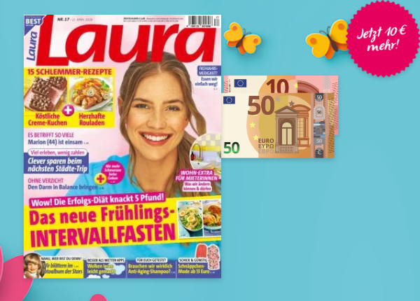 Laura mit 60 Euro Bargeld auf hellblauem Hintergrund mit gelben Schmetterlingen. Stoerer 10 Euro mehr.