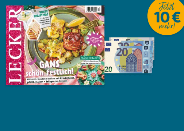 Lecker Titel mit 45 Euro Bargeld auf blauen Hintergrund. Stoerer jetzt 10 Euro mehr.