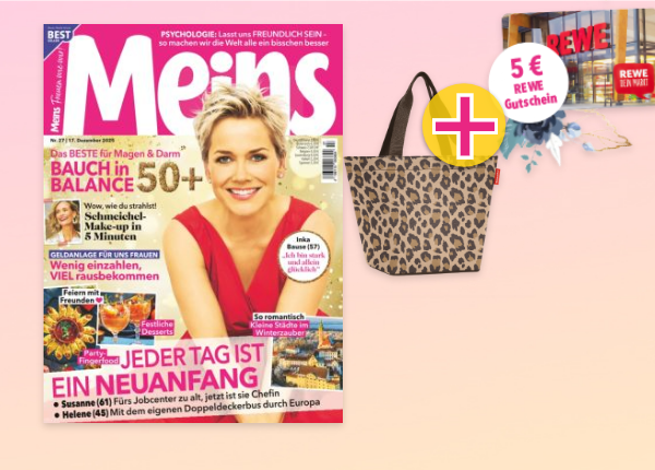 Meins Titel mit reisenthel shopper M auf rosa Hintergrund. Stoerer plus 5 Euro REWE Gutschein.