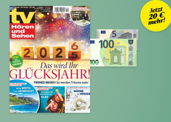TV Hoeren und Sehen Titel mit 105 Euro Bargeld auf gruenem Hintergrund. Stoerer jetzt 20 Euro mehr.