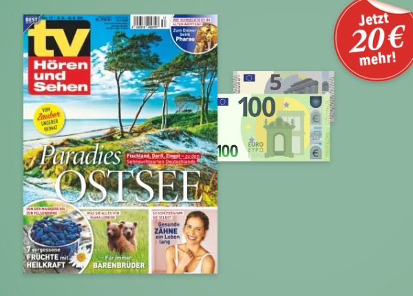 TV Hoeren und Sehen mit 105 Euro Bargeld auf gruenem Hintergrund. Stoerer 20 Euro mehr.