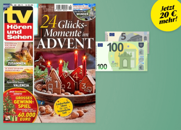 Tv Hoeren und Sehen mit 105 Euro Bargeld auf gruenen Hintergrund. Stoerer jetzt 20 Euro mehr.