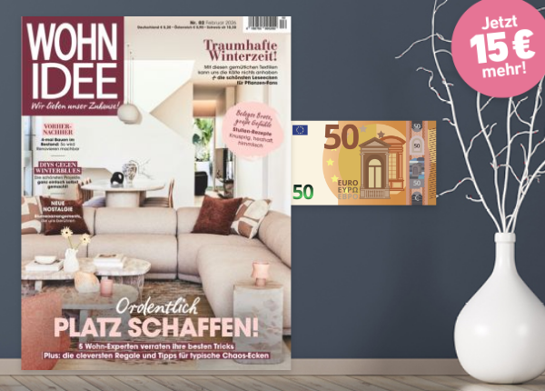 Wohnidee mit Bargeld 50 Euro auf dunkelgrauem Hintergrund. Stoerer 10 Euro mehr.
