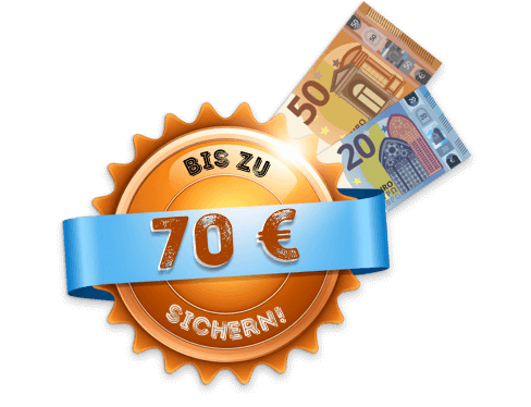 Illustration von drei Euro-Banknoten (50, 10 und 5 Euro) hinter einem runden Schild mit der Aufschrift 'Bis zu 65 € sichern!', umgeben von Blumen.