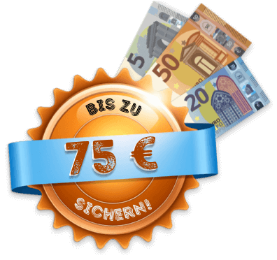 Illustration von drei Euro-Banknoten (50, 10 und 5 Euro) hinter einem runden Schild mit der Aufschrift 'Bis zu 65 € sichern!', umgeben von Blumen.